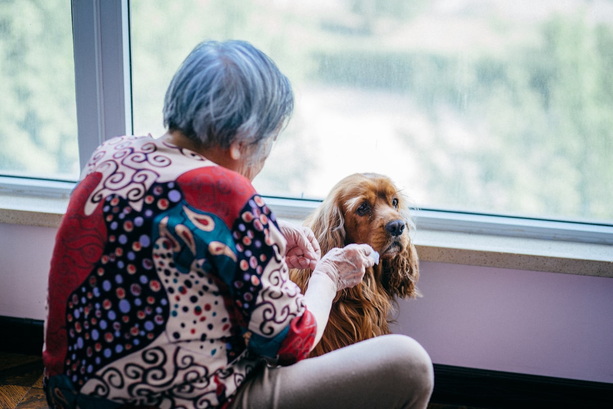 A senior with their cat, content at home.